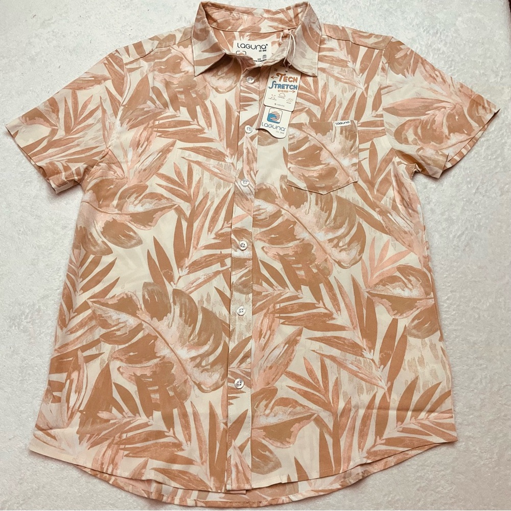 NWT LAGUNA Mens Coral Tan Leaf Print Tech Stretch Button Down Shirt LSMT5512